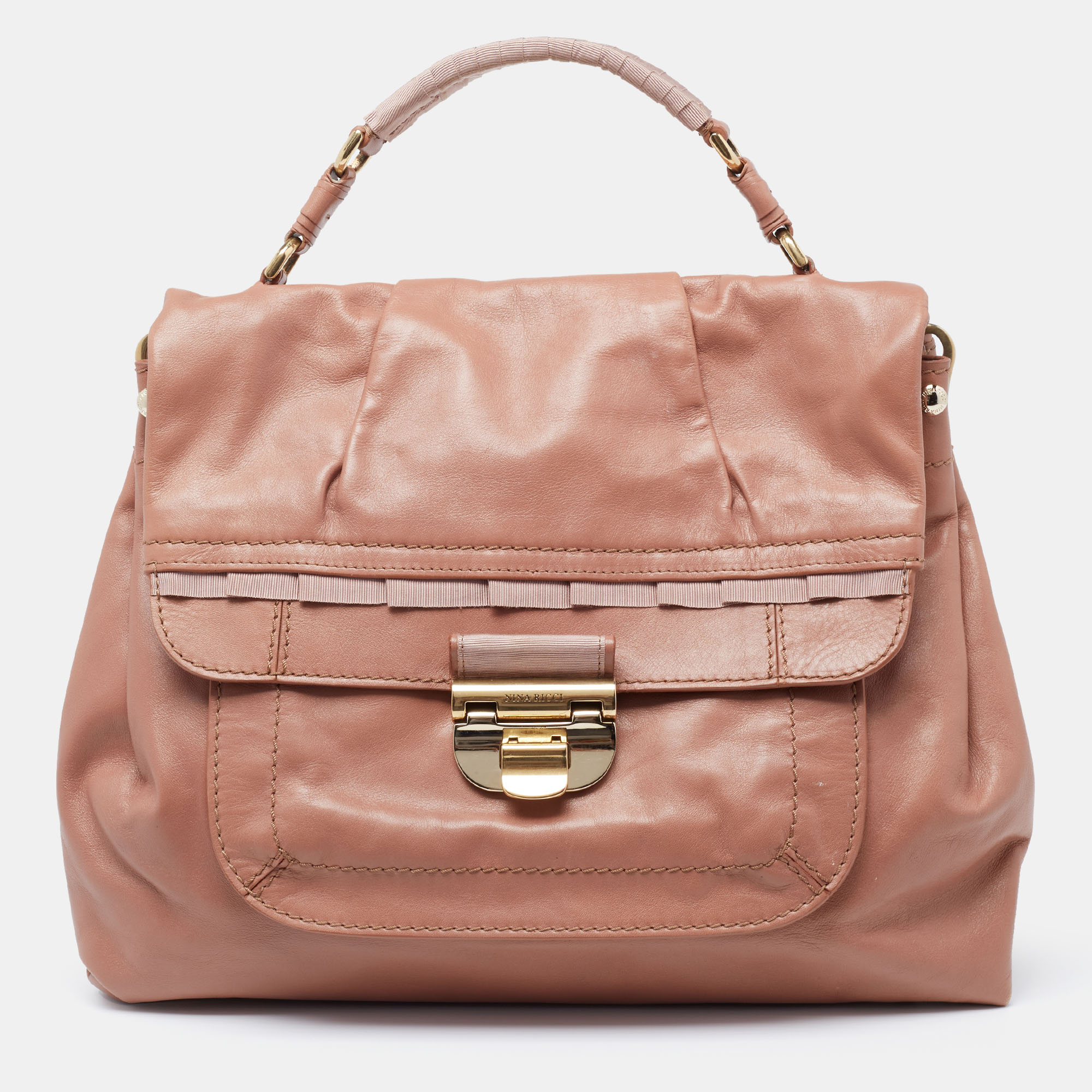 Nina Ricci Rose Beige Leather And Fabric Liane Top Handle Bag
